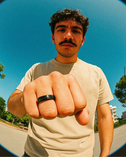 Close up of Twinn payment ring on hand