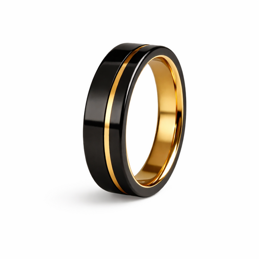 Twinn 7mm black metal payment ring with gold stripe – contactless wearable payment ring